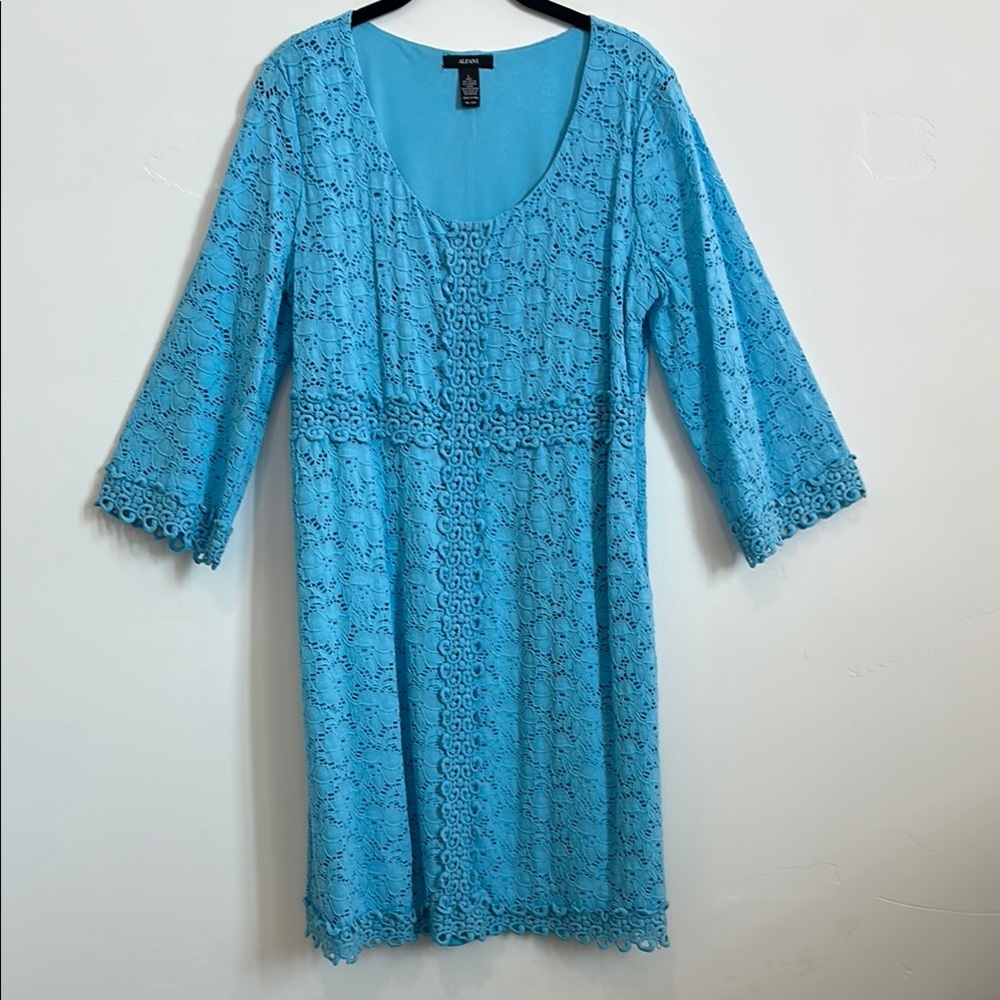 Alfani Turquoise Lace Crochet Dress with Floral Detail, Bell Sleeves, Size Large